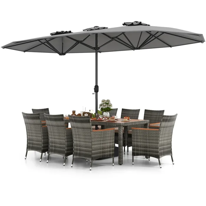 10 Pieces Patio Wicker Dining Set With 15 Feet Double-Sided Patio Umbrella-Gray