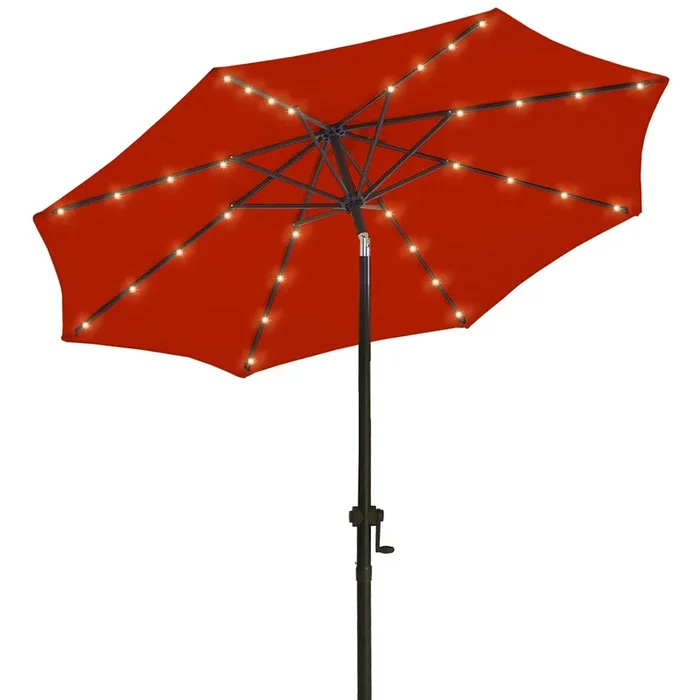108” Solar LED Lighted Market Patio Umbrella with Crank & Tilt – Red