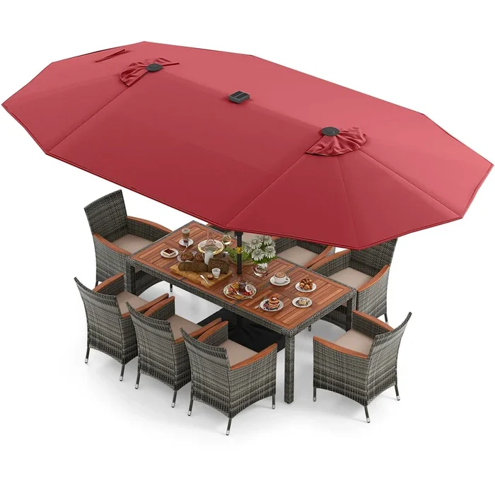 11 Pieces Patio Dining Set With 15 Feet Double-Sided Patio Umbrella Base Included-Wine