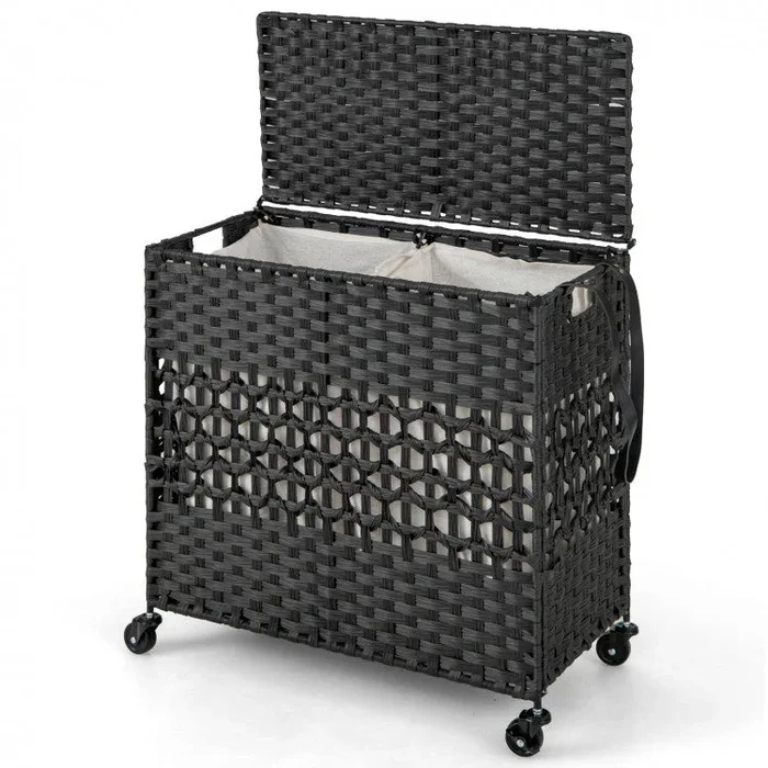 110L 2-Section Laundry Hamper With 2 Removable and Washable Liner Bags-Black