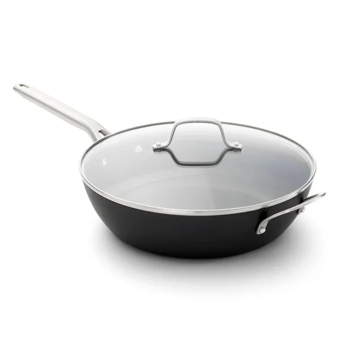 12″ Hard Anodized Nonstick Jumbo Fry Pan with Lid: Stay-Cool Silicone Handle, Tempered Glass, Dishwasher-Safe