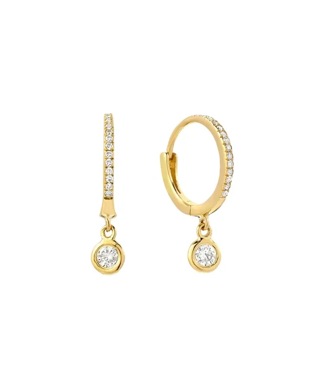 14k Gold Diamond Huggies With Drop Bezel Diamond