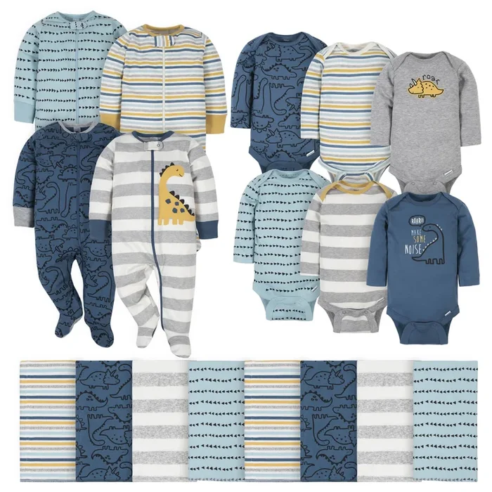 18-Piece Baby Boys Dinosaur Sleep ‘N Play, Onesies® Bodysuit, and Burpcloth Set