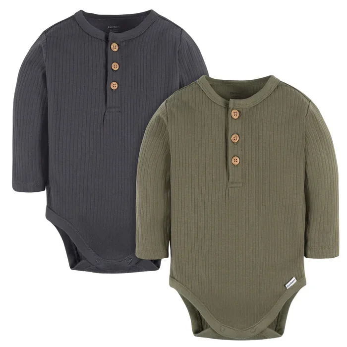 2-Pack Baby Boys Charcoal & Green Henley Onesies® Bodysuits