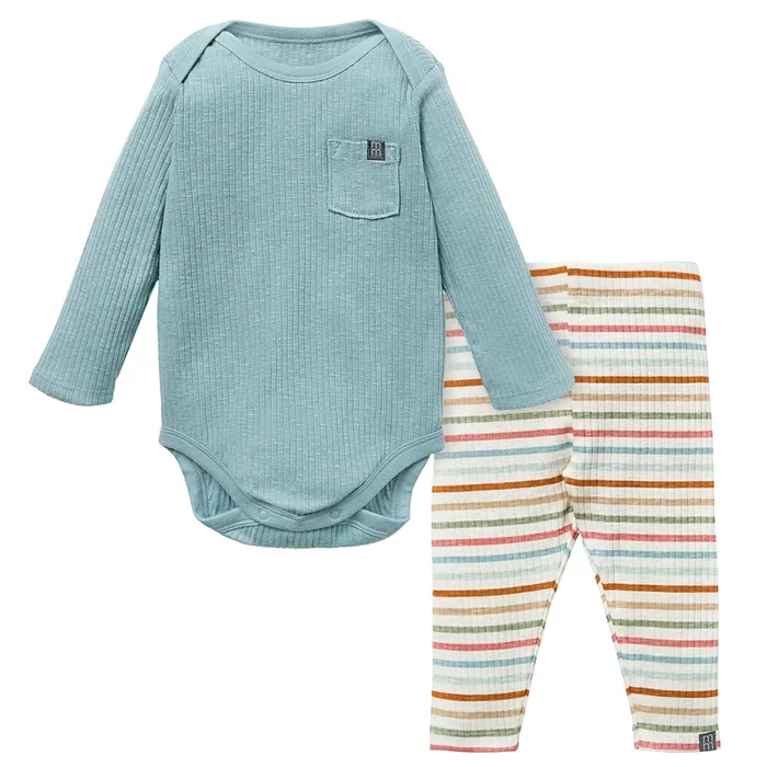 2-Piece Baby Boys Teal Long Sleeve Bodysuit & Striped Leggings Set