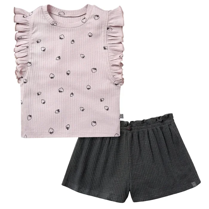 2-Piece Infant & Toddler Girls Lilac Strawberry Ruffled Sleeveless Top & Wide Leg Shorts Set