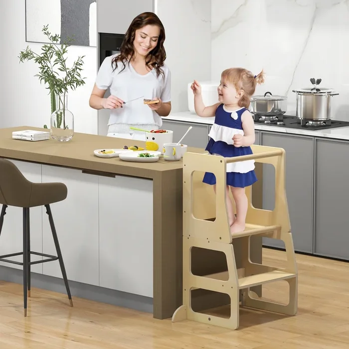 3-in-1 Foldable Kitchen Standing Tower for Toddlers With Chalkboard-Natural