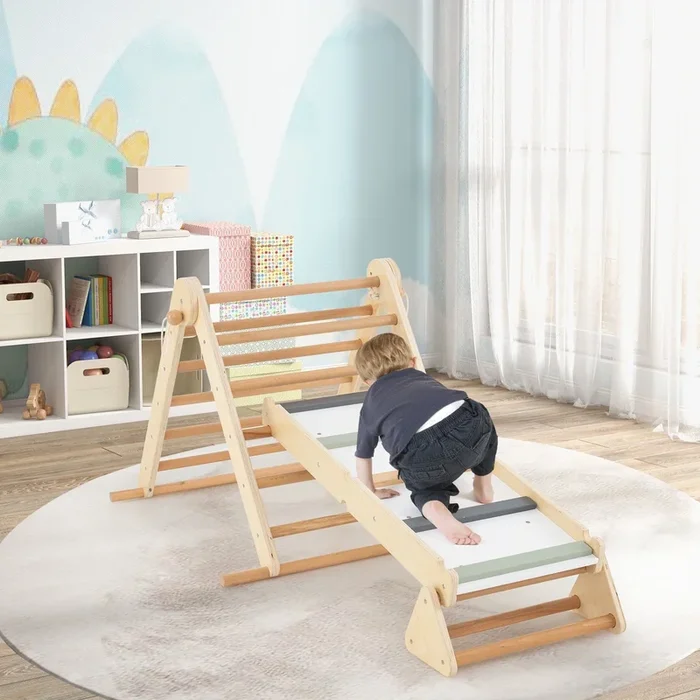3-in-1 Pikler Triangle Climbing Set Kids Foldable Montessori Toys With Ramp-Natural