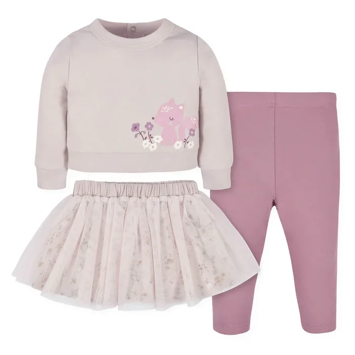 3-Piece Baby & Toddler Girls Purple Woodland French Terry Top, Tulle Tutu, & Legging Set