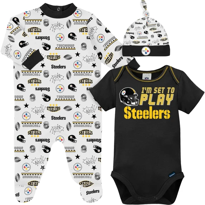3-Piece Baby Boys Pittsburgh Steelers Bodysuit, Sleep ‘N Play, and Cap Set
