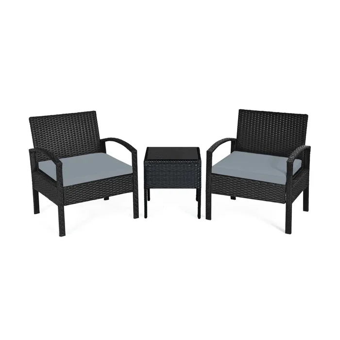 3 Pieces Outdoor Rattan Patio Conversation Set With Seat Cushions-Gray