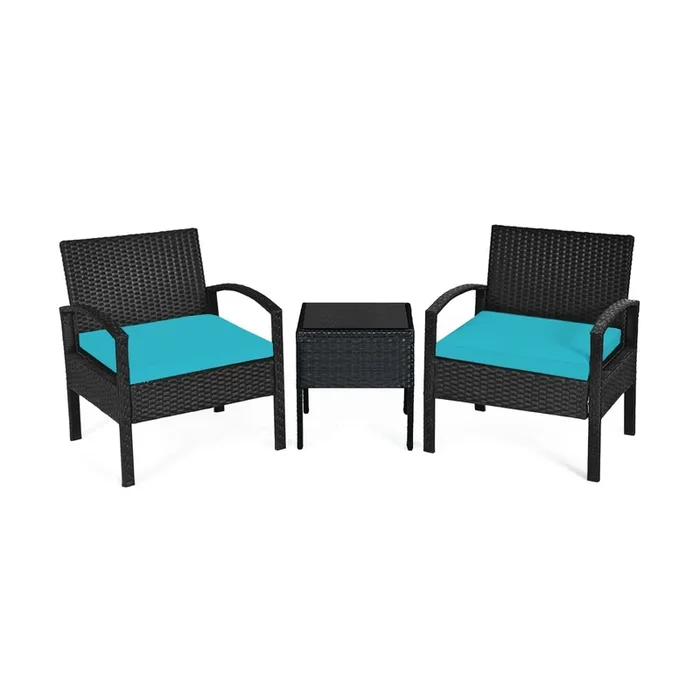 3 Pieces Outdoor Rattan Patio Conversation Set With Seat Cushions-Turquoise
