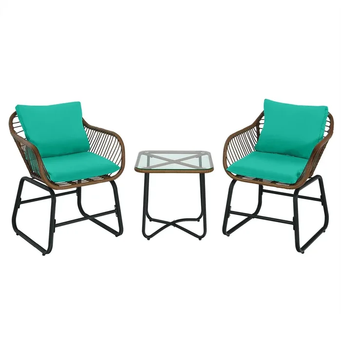3 Pieces Patio Rattan Bistro Set With Cushions and Glass Table-Turquoise