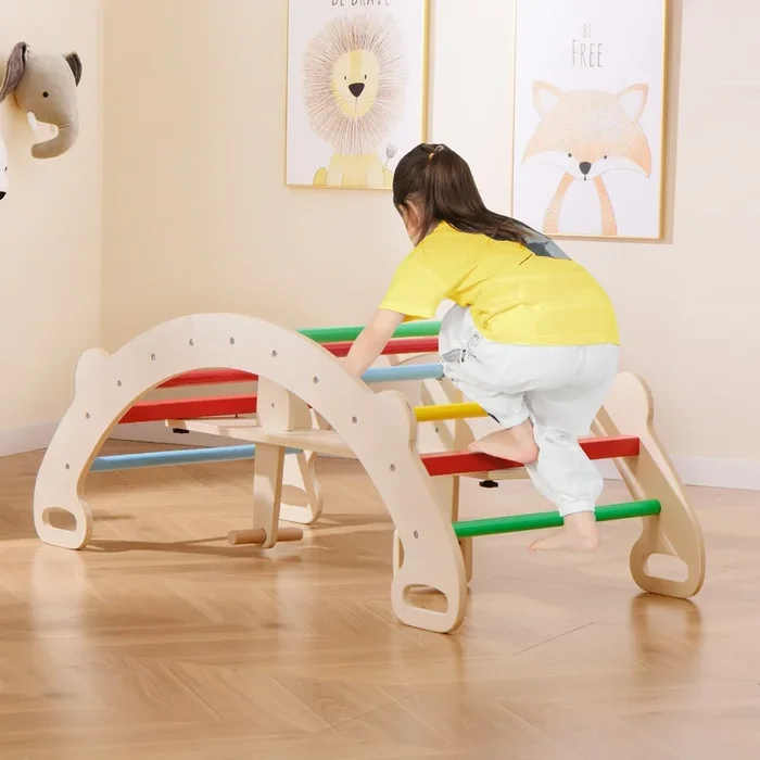 4-in-1 Multifunctional Wooden Climbing Toys With Rocker and Crawling Tunnel-Multicolor