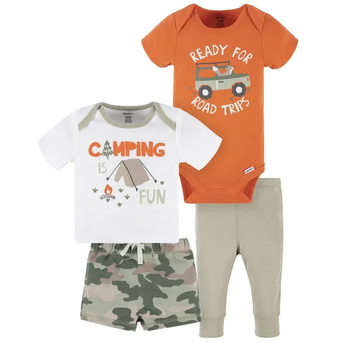 4-Piece Baby Boys Camping Fun Onesies® Bodysuit, Tee, Shorts & Pant Set, Newborn