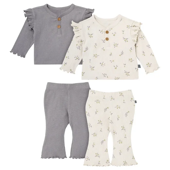 4-Piece Baby Girls Pear Henley Ruffle Tops and Pants Set