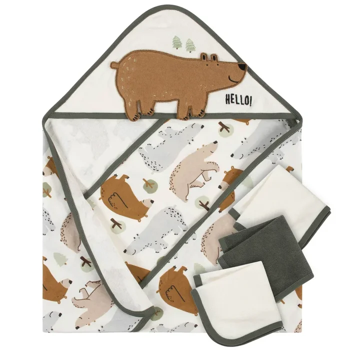 4-Piece Boys Bear Hooded Towel & Washcloth Set
