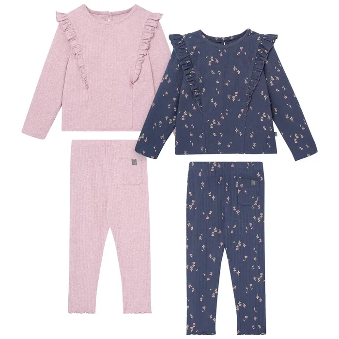 4-Piece Infant & Toddler Girls Purple Flowers Ruffle Tops and Leggings Set