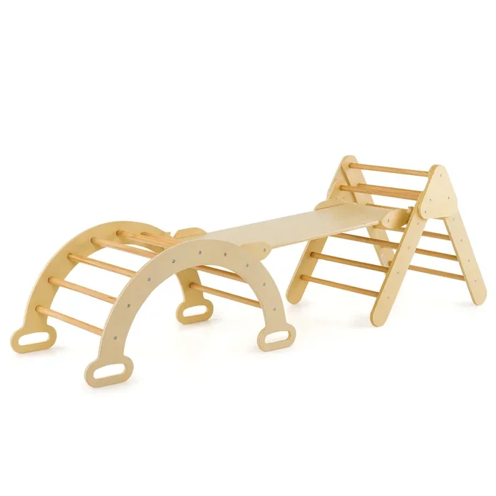 5-in-1 Wooden Kids Climber Toys With Triangle Arch Ramp-Natural