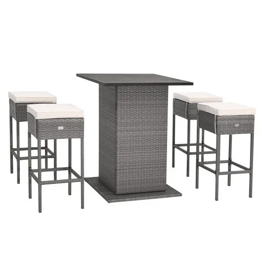 5 Pieces Outdoor Wicker Bar Table Set With Hidden Storage Shelves-White