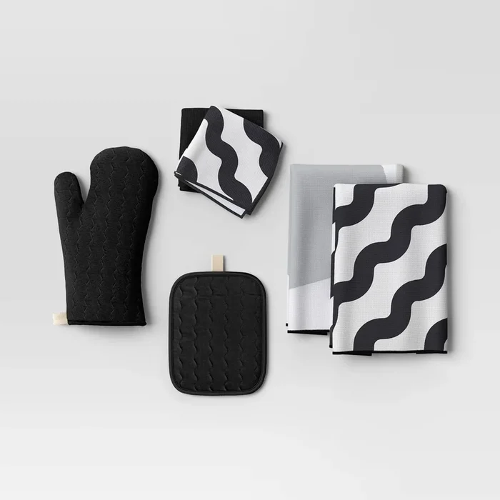 6-Piece Kitchen Textile Set – Black/White