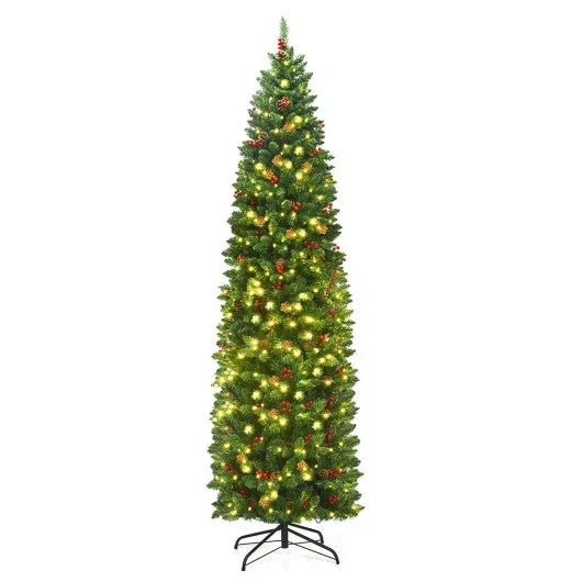 7.5 Feet Pre-Lit Hinged Pencil Christmas Tree With Pine Cones Red Berries