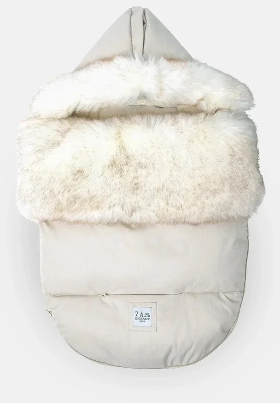 7 A.M. Enfant Plushpod Footmuff – Tundra Heather Beige / White Faux Fur (0-18m)