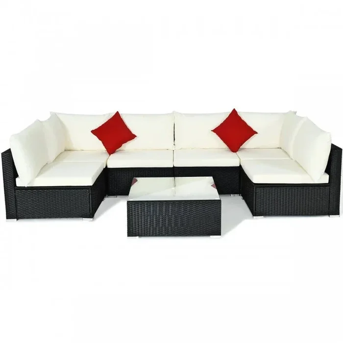7-Piece Outdoor Sectional Wicker Patio Sofa Set With Tempered Glass Top-White