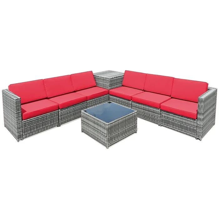 8 Piece Wicker Sofa Rattan Dinning Set Patio Furniture With Storage Table-Red