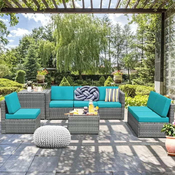 8 Piece Wicker Sofa Rattan Dinning Set Patio Furniture With Storage Table-Turquoise