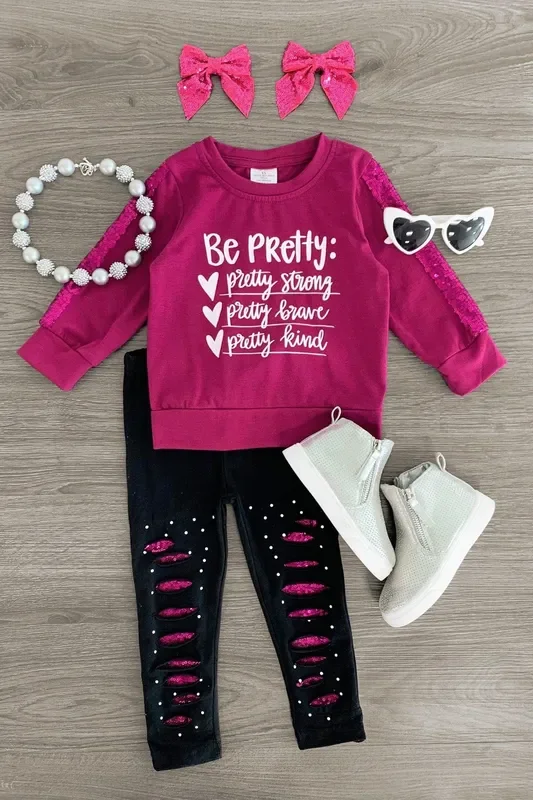 “Be Pretty… ” Plum Sequin Distressed Legging Set