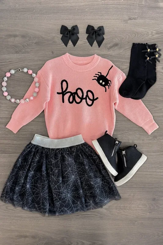 “Boo ” Pink Sweater Spider Web Skirt Set