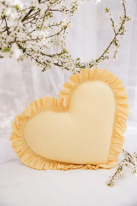 “butter Yellow ” Heart Pillow With Checkered Frill