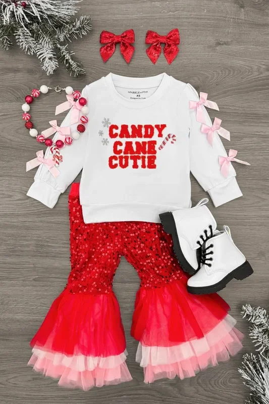 “Candy Cane Cutie ” Sequin Bow Bell Bottom Set