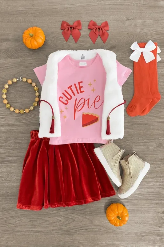 “Cutie Pie ” Velvet Skirt Fur Vest Set – 4 Piece