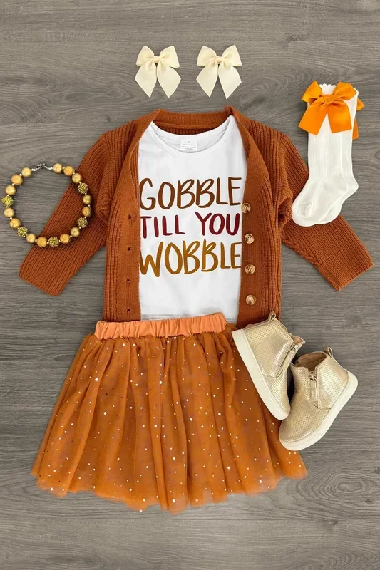 “Gobble Till You Wobble ” Cardigan Skirt Set – 3 Piece