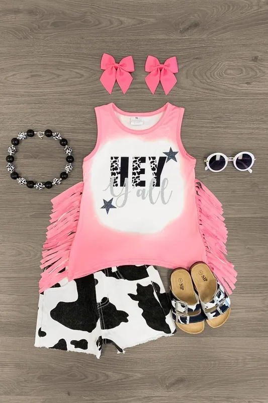 “Hey Y’all ” Pink Cow Distressed Short Set