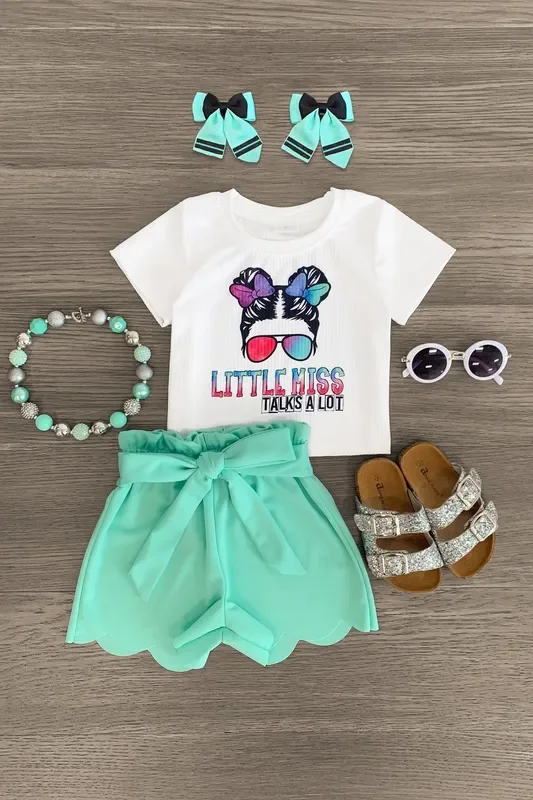 “Little Miss Talks A Lot ” Mint Scalloped Short Set