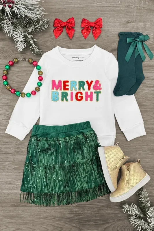 “Merry & Bright ” Green Fringe Sequin Skirt Set