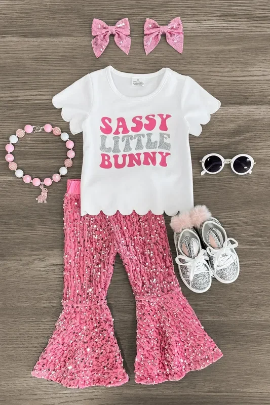 “Sassy Little Bunny ” Pink Sequin Bell Bottom Set