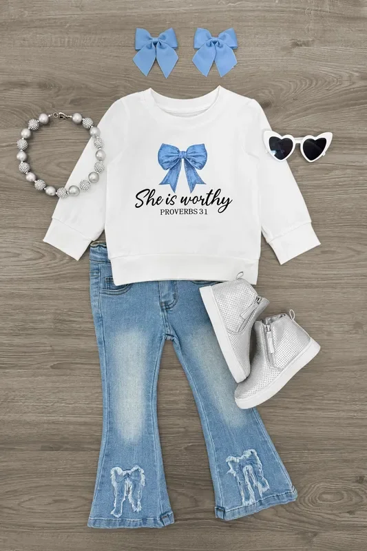 “She Is Worthy ” Denim Bow Flare Pant Set