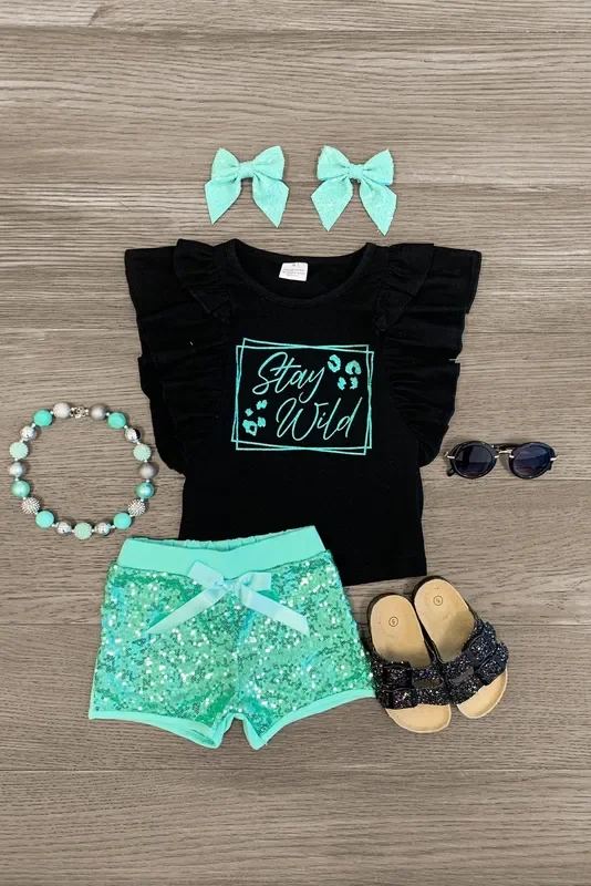 “Stay Wild ” Mint Sequin Short Set