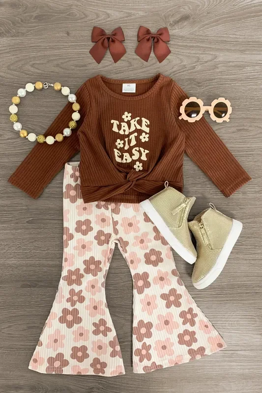 “Take It Easy ” Ribbed Flower Bell Bottom Set