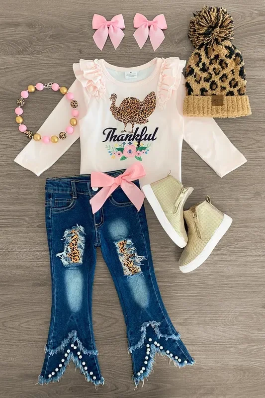 “Thankful ” Light Pink Turkey Pearl Denim Set