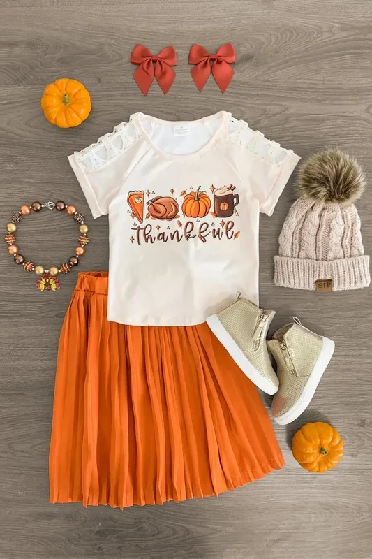 “Thankful ” Orange Pleated Skirt Set