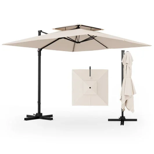 9.5 Feet Cantilever Patio Umbrella With 360¡ã Rotation and Double Top-Beige
