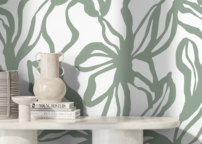 Abstract Botanical Wallpaper With Stylized Leaves In Sage Green – D288