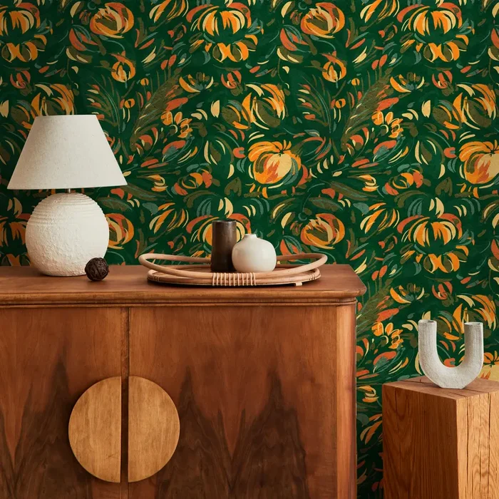 Abstract Floral Wallpaper With A Painterly Motif In Green, Orange, And Yellow – C822