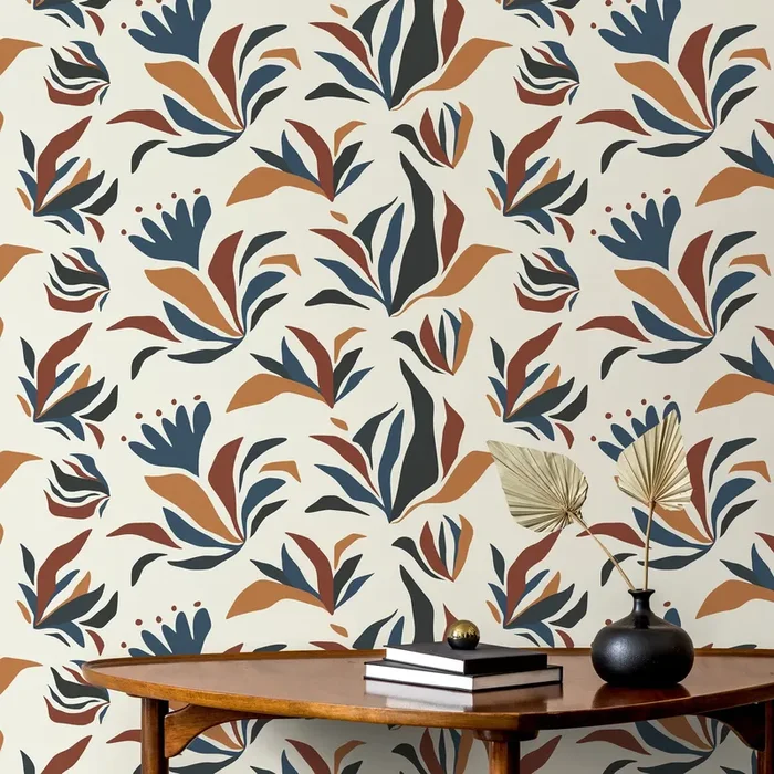 Abstract Floral Wallpaper With Botanical Shapes In Blue, Rust, And Black – D726