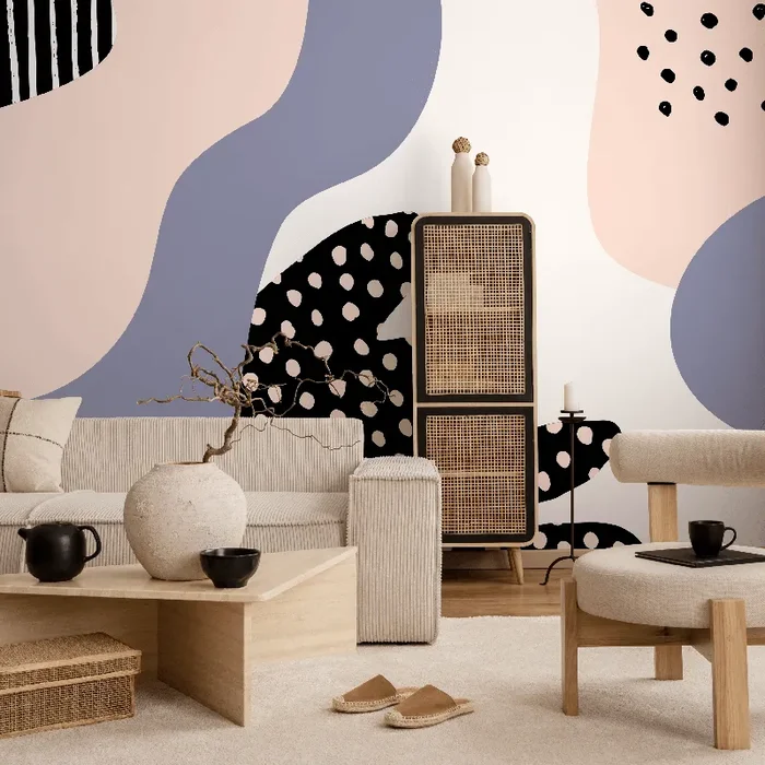Abstract Mural Wallpaper With Organic Forms In Pink, Blue, And Black – B377